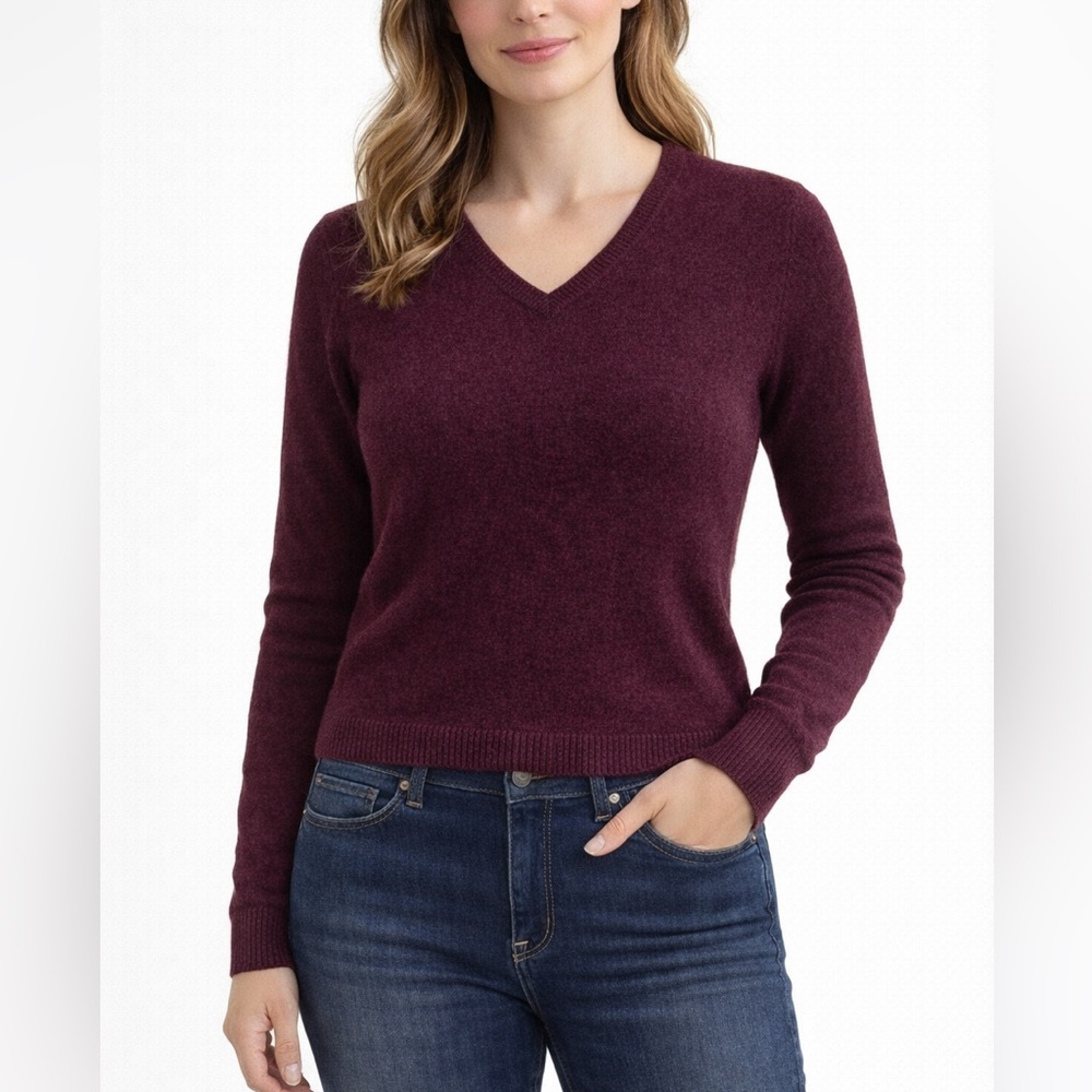 85% Wool & 15% Cashmere | Fitted Deep Burgundy V-Neck Sweater | Size Small